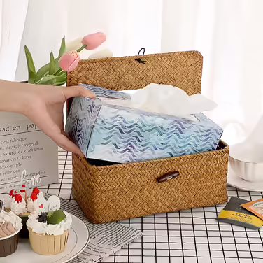 SUMNACON Rectangular Seagrass Cosmetic Tissue Box for Home Decorative Woven Paper Holder Candy Rattan Tissue Box Home Decoration for Bathroom Living Room Office Restaurant Handmade Brown