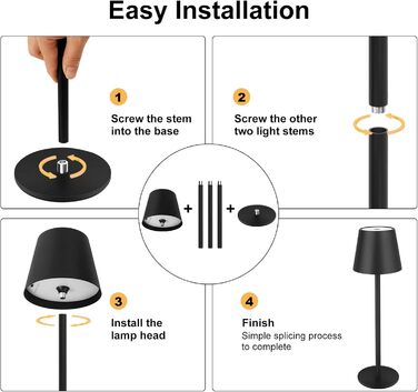 Світлодіодна настільна лампа бездротова з сенсорним керуванням, USB-C, димування, акумуляторна, 3 режими температури, регульована висота, IP54 водонепроникна для ресторану, спальні, бару, вулиці - Чорна