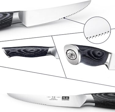 Набір ножів SHAN ZU 16 предметів з блоком: Японський набір кухонних ножів з нержавіючої сталі, серія Genbu, ергономічні ручки, чорний черепаховий колір, включає набір стейк-ножів