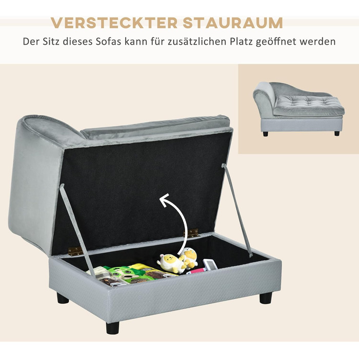 PawHut Крісло-лежанка для собак з матрацом та місцем для зберігання, світло-сірий, 76 x 45 x 43 см