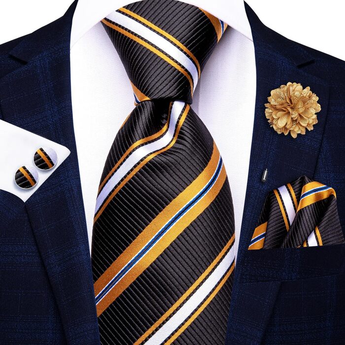 Чоловіча краватка Hi-Tie з краватковою галстуком та нагрудною хустинкою (смугаста темно-синя з золотом)