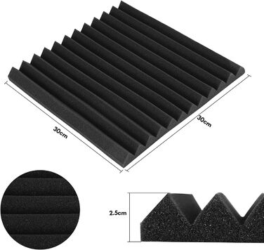 Самоклеящийся акустичний поролон Sonnewelt 5x30x30 см, 3D панелі для звукоізоляції та поглинання ехо, шумопоглинаючі плитки для студії, офісу та дому (48 шт, чорний, піраміда)