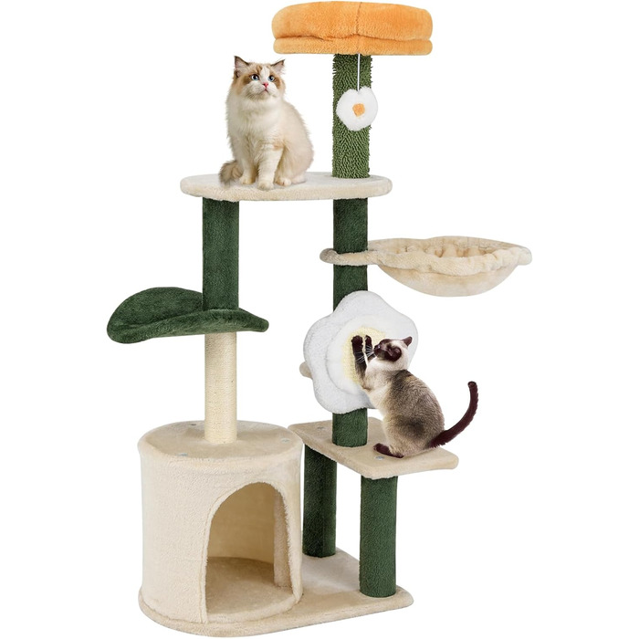 Дерев'яний кігтечка для котів Costway 97 см з печерою та лежанками, кігтеточка з сизалевого мотузка та дерев'яною основою, кігтеточка для котів, зелений+бежевий