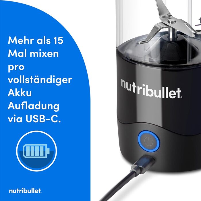 Портативний блендер Nutribullet Portable Smoothie Maker, бездротовий міні-міксер для смузі та коктейлів, 475 мл, BPA-free, чорний, NBP003B