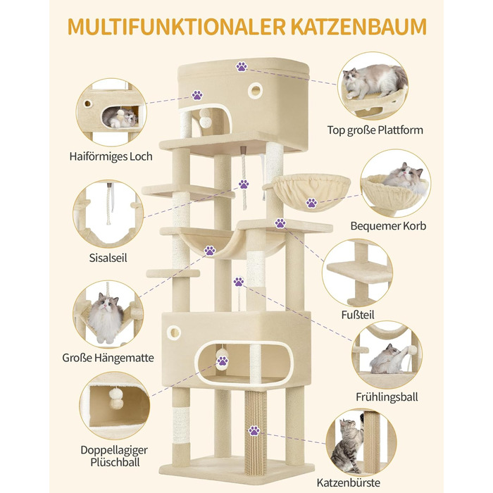 Драбина-кіготь для котів Hzuaneri, 203 см, з великою платформою, 2 печери, 7 кігтеточок, помпони, лежанки, гамак, для всіх порід котів, бежевий MS20318YL XXL (60 x 50 x 203 см)