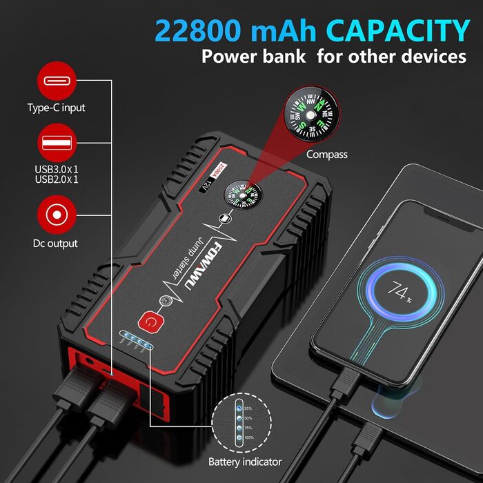 Бустерумулятор FOWAWU 2500A 22800mAh для автомобіля (бензин до 8л, дизель до 6.5л), пусковий пристрій для авто