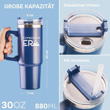 Термокружка з трубочкою 880 мл - ізольована термокружка з кришкою та ручкою, нержавіюча сталь, 30oz, Tumbler, для кави, подорожей, XXL (Блакитний)