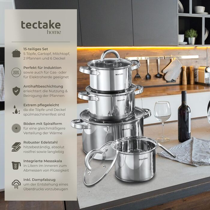 Набір каструль tectake® 15 предметів: каструлі, сковороди, кришки. Підходить для Induktion, газу та електроплити. Ідеальний для кемпінгу та дому.