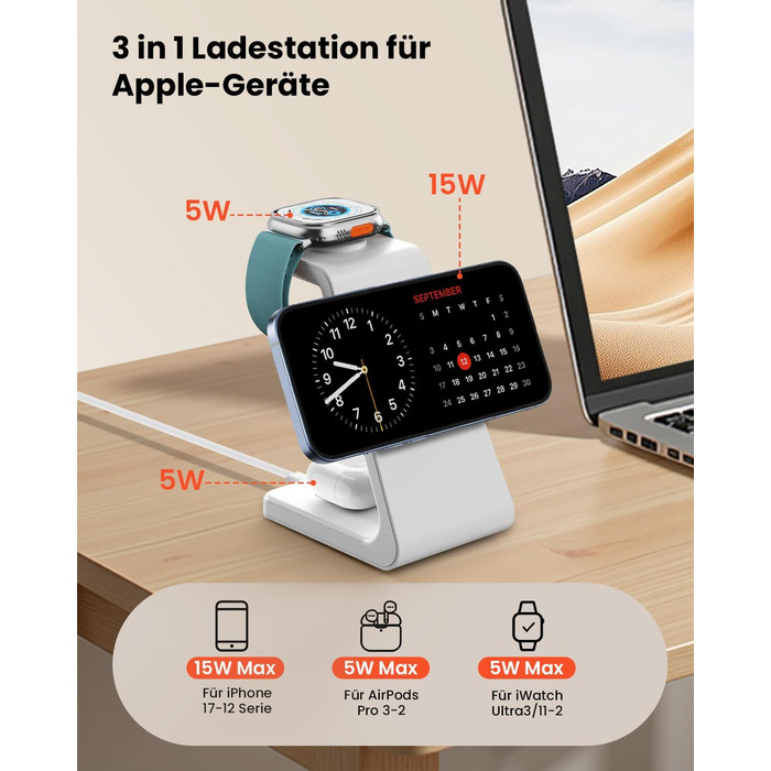 GEEKERA 3-в-1 зарядний пристрій Qi2 з MagSafe, 15W індукційна станція для iPhone 17/16/15/14/13/12, Apple Watch 11-2 та AirPods, білий/сірий