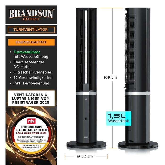 Вентилятор з водяним охолодженням Brandson - преміум модель 2025 року, з вологопоглиначем та дистанційним керуванням, 12 швидкостей, тихий DC-двигун