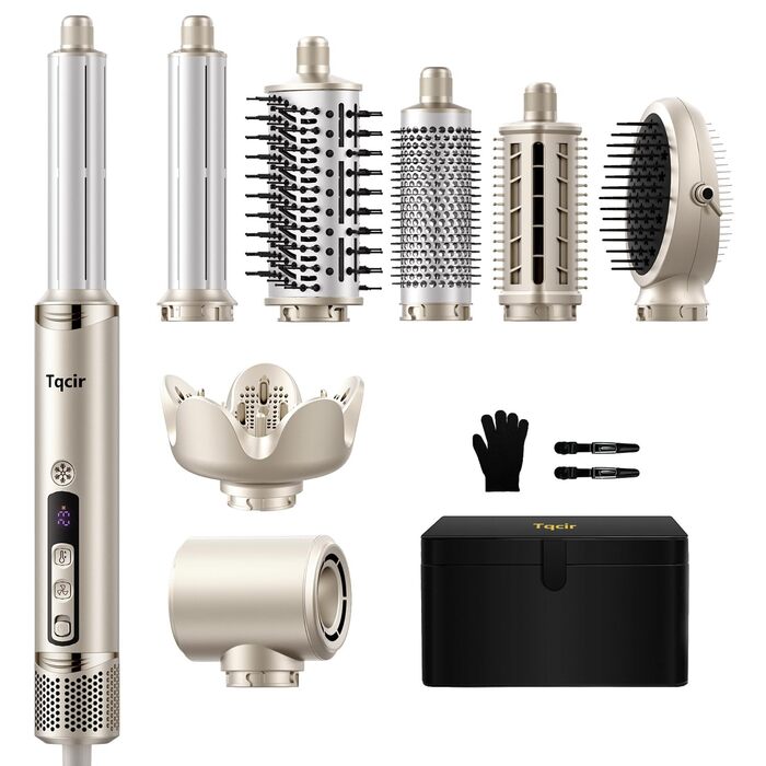 Airstyler 8-в-1: комплект для укладки та сушки волосся з автоматичною завивкою, щіткою, концентратором, дифузором, швидка сушка, без пошкодження волосся, золото
