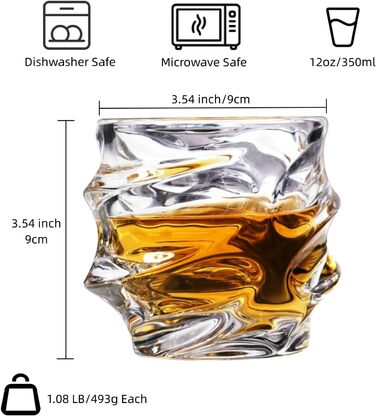 GLASKEY Crystal Whiskey Glasses Set of 4 - 350ml Lead-Free Crystal Glasses for Whiskey, Rum, Vodka, Scotch, Gin, Cognac, Water - Dishwasher Safe