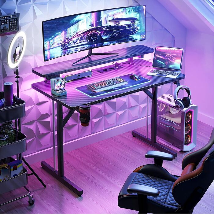 Small LED Gaming Desk with Power Outlets - 80cm Carbon Fiber PC Gamer Table