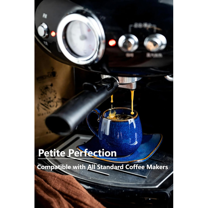 Набір кавових чашок з блюдцями LYEOBOH (6 шт.), 85 мл, кераміка, білий колір, з металевим підставкою та ложками. Підходять для еспресо, капучино, лате, мокко та чаю.