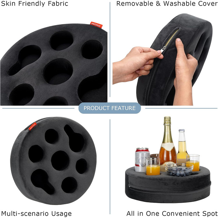Couch Drink Holder, Sofa Drink Holder, Removable and Washable Velvet Cup Cozy Pillow Cushion Lap Tray with Coffee Cup Holder for Home, Car, Bathroom, Park, Travel, Indoor, Outdoor – Grey