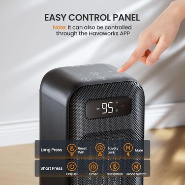 Електричний обігрівач 1500W, керамічний, тихий, з таймером 12 годин, осциляція 70°, захист від перегріву та перекидання, сумісний з Alexa & Google Assistant, чорний, 1 шт. + 4 режими