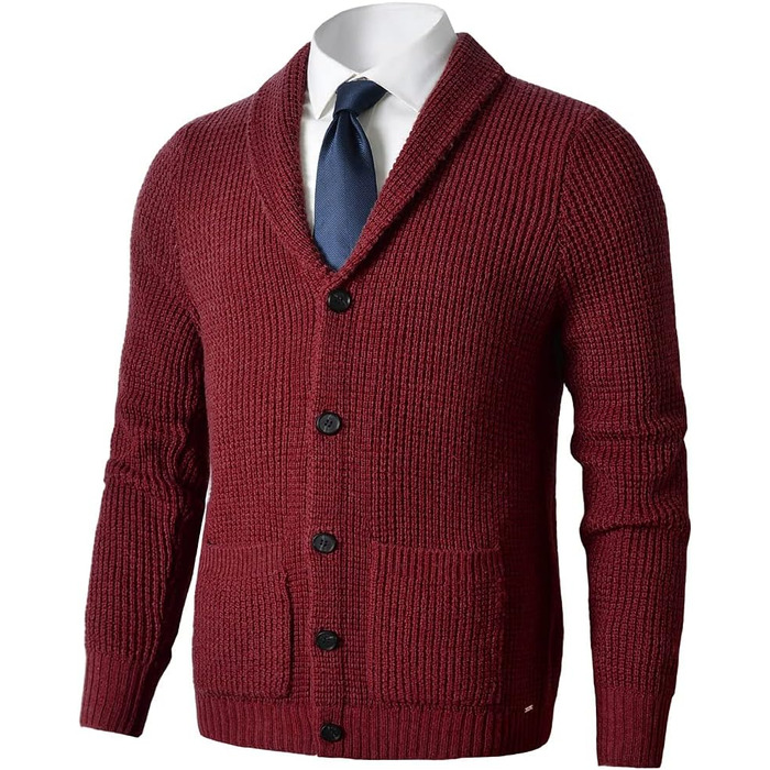 Чоловічий светр з коміром-шарфом, в'язаний візерунок, ґудзикова застібка, мериносова вовна, 5XL, бордовий колір
