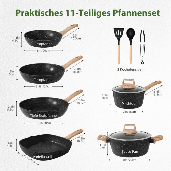 Набір каструль та сковорідок GMISUN 11 предметів з нержавіючої сталі, індукційне дно, для всіх типів плит, без PFOA/PFOS, чорний