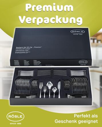 RÖSLE ELEGANCE Cutlery Set for 12 People – 60-Piece High-Gloss Polished Stainless Steel 18/10 Cutlery Set – Premium Cutlery Set, Dishwasher Safe, in Elegant Gift Box 60-Piece Dinner Cutlery