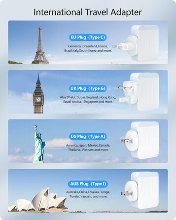 Універсальний адаптер LENCENT з USB зарядкою 45W, 4 порти (2x USB-A, 2x USB-C) - EU/US/UK/AU