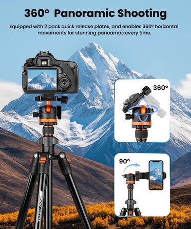Штатив для камери JOILCAN з алюмінію, 168 см, міцний туристичний штатив з поворотним голковим кріпленням 360° та тримачем для телефону, вантажопідйомність 8 кг, для DSLR Canon Nikon Sony, штатив для iPhone/Smartphone