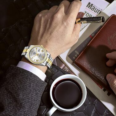 Годинник NIBOSI для чоловіків: аналоговий кварцовий годинник з діамантовою безелем, сталевим циферблатом, рожевим золотом та сріблом. Водонепроникний бізнес-годинник у стилі casual, класичний дизайн з датою та днем тижня (Золотий, Білий)