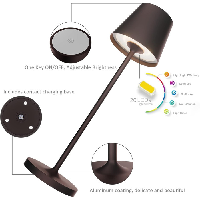 LED акумуляторна настільна лампа K-Bright диммер | Тепле світло | Для дому та вулиці | USB зарядка | Бронза