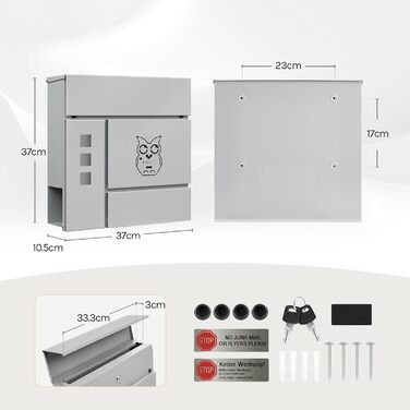 Поштовий ящик WOLTU XXL з газетницею, оглядовим вікном, замком (2 ключі), захистом від реклами, антрацит (сірий+чорний) 10,5x37x37 см