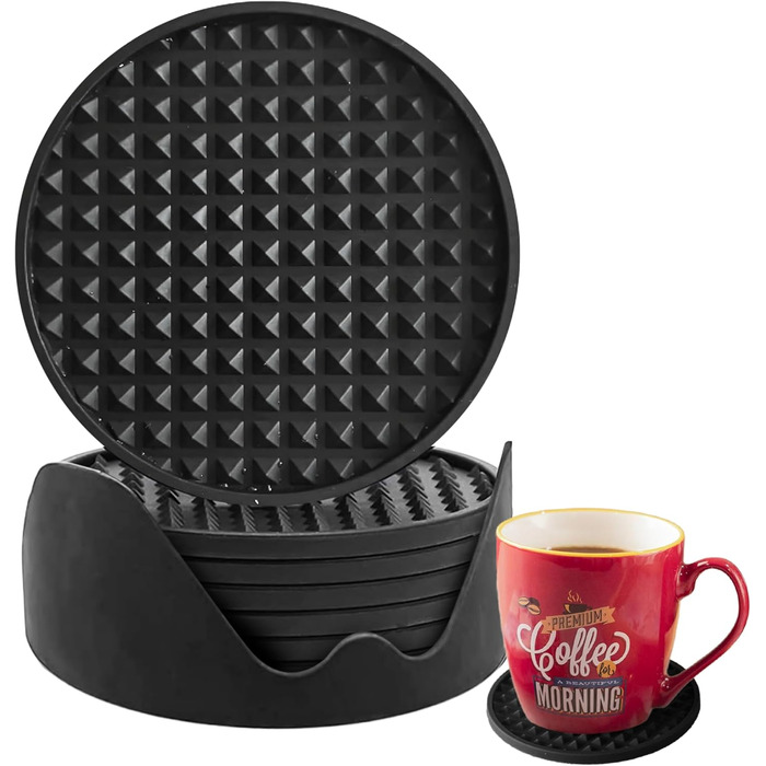 BARVIVO Coasters by Barvivo, Set of 8 Silicone Coasters in Black with Triangles - Drink Coasters to Protect Wood, Glass, or Marble Surfaces - Cup Coasters