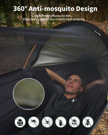 Гамак для кемпінгу 4-в-1 з москітною сіткою та знімним сонцезахистом, 290x140 см, армійний зелений