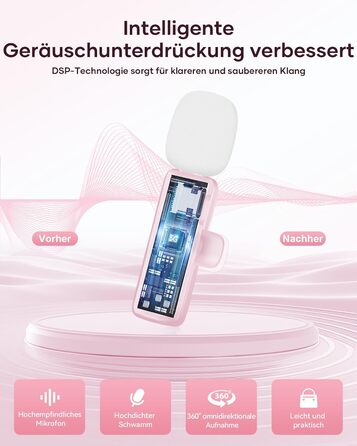 Беспроводной петличный микрофон 2шт, для iPhone, iPad, Android, с шумоподавлением, Plug & Play, для видео, подкастов, YouTube, TikTok (Рожевий)