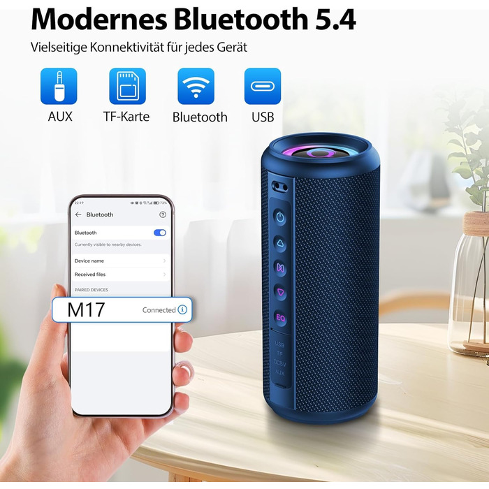 Bluetooth колонка 2026 з RGB підсвіткою, портативна, водонепроникна IP7, 20 годин роботи, з мікрофоном, для спорту, саду, вулиці - блакитна