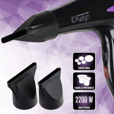 Професійний фен для волосся ID Italian Design з насадкою для укладки, 2200W, 3 температурні та 2 швидкості, матовий чорний
