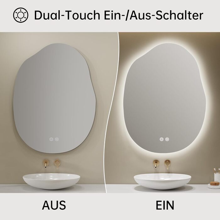 Дзеркало для ванної кімнати з підсвічуванням, арочне, без рами, 50x75 см. Антизапарник, сенсорне управління, регулювання яскравості, 3 кольори світла