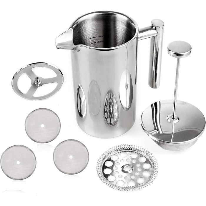 MaxMiuly French Press Coffee Maker 1.5 Liter Stainless Steel, Double-Walled Insulated French Press Coffee Pot with 2 Extra Filters, Silver 1500ml 1500ml Silver