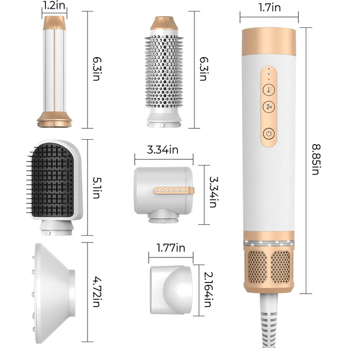 UKLISS Airstyler Pro 7-в-1: Фен, стайлер, завикучувач. Професійний набір для волосся з автоматичною завивкою, брашінгом та випрямленням. Зменшення пухнастості, без екстремального нагріву. Білий, золотий