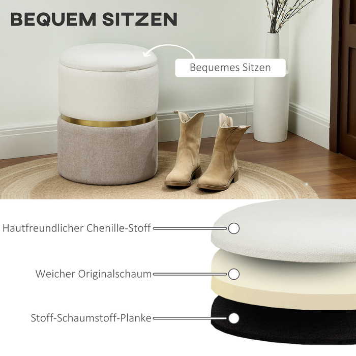 HOMCOM Storage Ottoman with Lid, Metal Ring, Two-Tone Design Round Footstool Upholstered Ottoman, Chenille 36 x 36 x 44 cm Cream White | Aosom