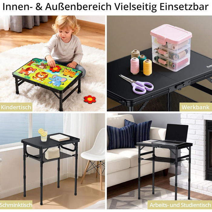 Складний кемпінговий стіл Anbte 58x40 см, алюмінієвий каркас, чорний пластиковий стіл з регульованою висотою (26/48/70 см) для пікніка, саду, балкону з сіткою для зберігання