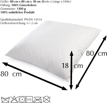 H&F Heimtextilien 2-Piece Set | Premium Quality | Pillowcases 80x80 cm | Filling: 1300 grams of feathers, goose feathers | 100% Natural Pillow | Cover: 100% Cotton | Feather Pillow 80 x 80 cm | Oeko-TEX Certified 1300.0 grams 2