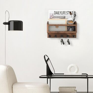 Держатель для ключей и корреспонденции Nekon на стену, 28 см, дерево, 5 крючков, полка для прихожей