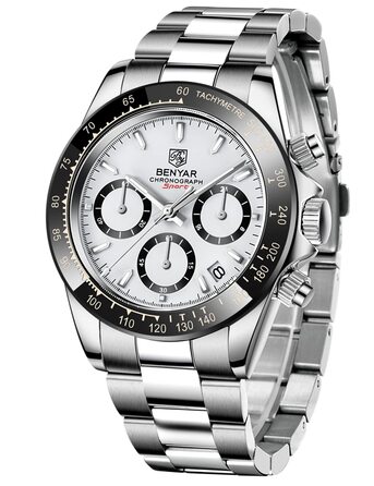 Чоловічий годинник BENYAR: Хронограф, кварцовий механізм, водонепроникний, з нержавіючої сталі, для бізнесу, спорту та відпочинку (срібний)