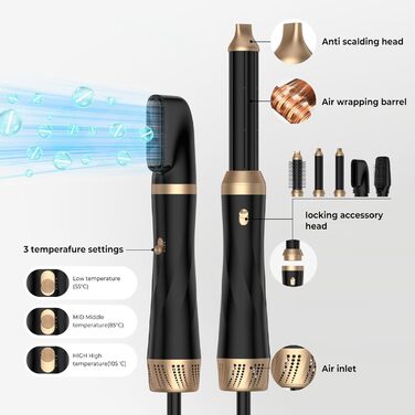 Мультистайлер для волосся 5-в-1 з термощіткою, фен-щіткою, круглою щіткою, плойкою та випрямлячем. Потужність 1000 Вт, 3 температурні режими. Для об'єму, випрямлення, локонів та сушіння. Білий (Чорний)