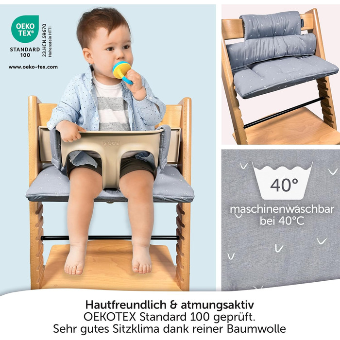 Сидіння та подушка для стільчика Stokke Tripp Trapp LaLoona, 2 частини, бавовна, сірий візерунок, OEKOTEX 100, гіпоалергенна, машинне прання