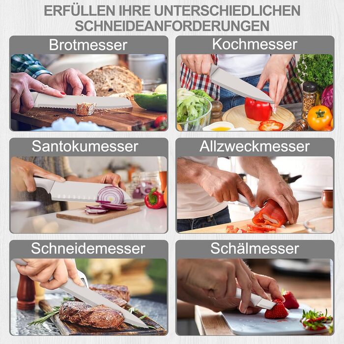 Набір кухонних ножів Homikit, нержавіюча сталь, 6 предметів, з захисним чохлом. Включає: кухарський ніж, ніж для м'яса, ніж для хліба, універсальний ніж, ніж для очищення овочів, сатокі. Антипригарне покриття, Khaki