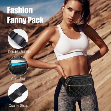 Жіноча бананка Jueachy, сумка через плече, поясна сумка, водонепроникна, чорна, ромбовий візерунок, 4 кишені на блискавці, для активного відпочинку, подорожей, фестивалів