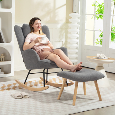 HOMCOM Rocking Chair with Ottoman, Soft Fleece Upholstery, Wooden Legs, Cushion, High Back, Rocker, Dark Grey