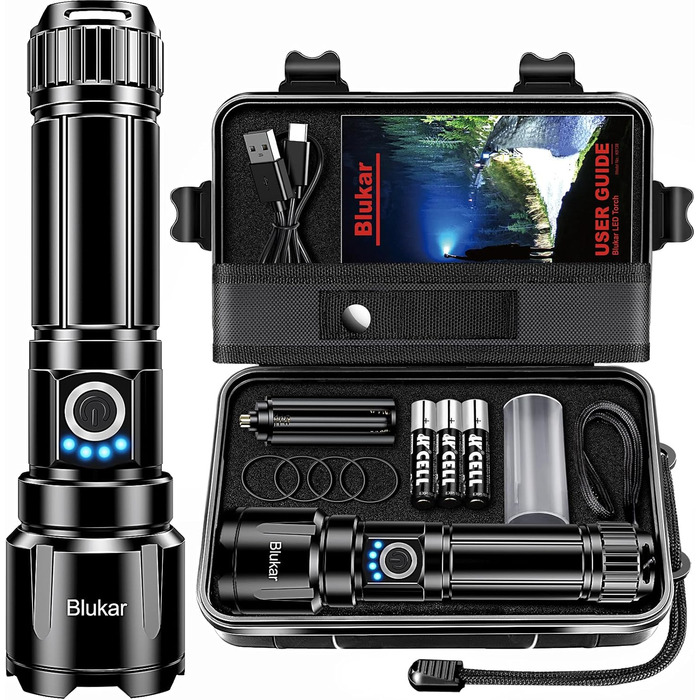 Ліхтар LED Blukar, перезарядний, надпотужний, з регулюванням фокусу, 5 режимів, водонепроникний IP67, для кемпінгу, туризму, риболовлі, надзвичайних ситуацій, чорний