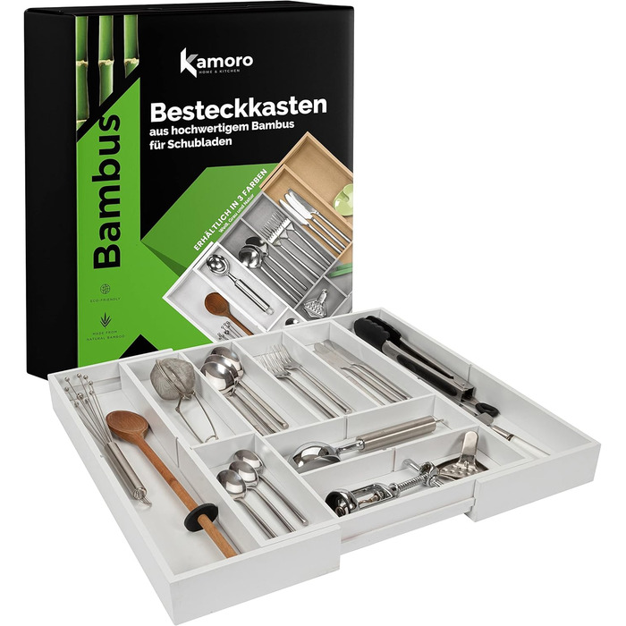 Органайзер для столових приборів у шухляду з бамбука, 5 роздільників, 34-50 см (білий)