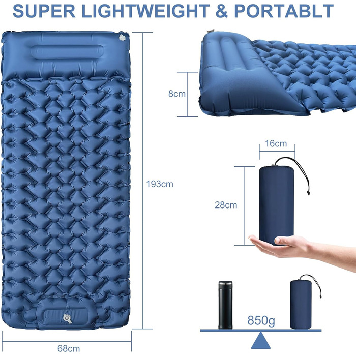 YOUXIU Self-Inflating Camping Mat - Ultralight Sleeping Pad with Foot Pump - Waterproof Travel Mat for Hiking & Tent Use - Blue