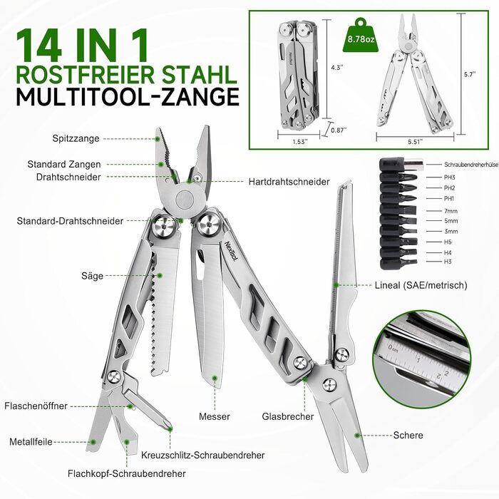 Мультитул NexTool Muiltool 19-в-1: мультифункціональний інструмент з плоскогубцями, ножем, викрутками, ножицями, з нержавіючої сталі для кемпінгу, подарунок для чоловіків (Silver Flagship Max)